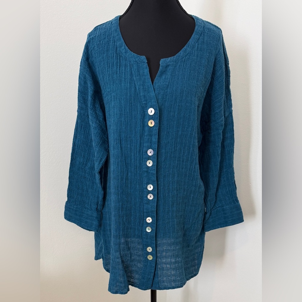 Soft Surroundings Teal Linen Cotton Button Front Gauze‎ Tunic Top Large 27777
